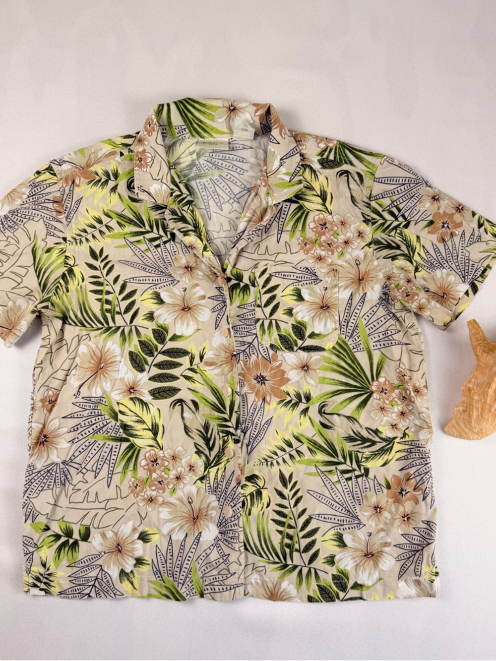 Erika Beige Tropical Floral Camp Collar Button-Down Shirt with Green Leaves